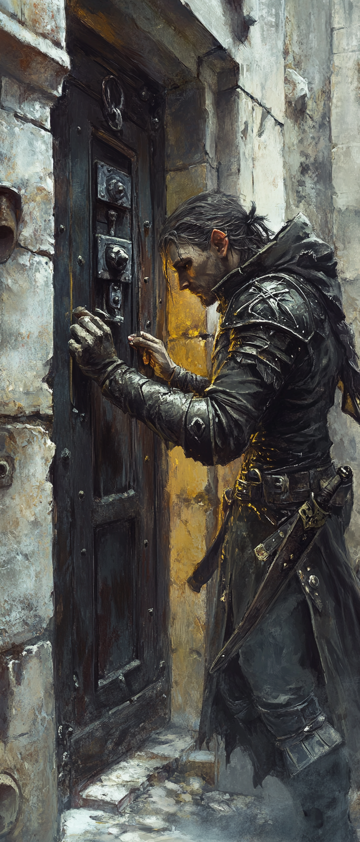 Male elf rogue picking a door lock in dark setting.