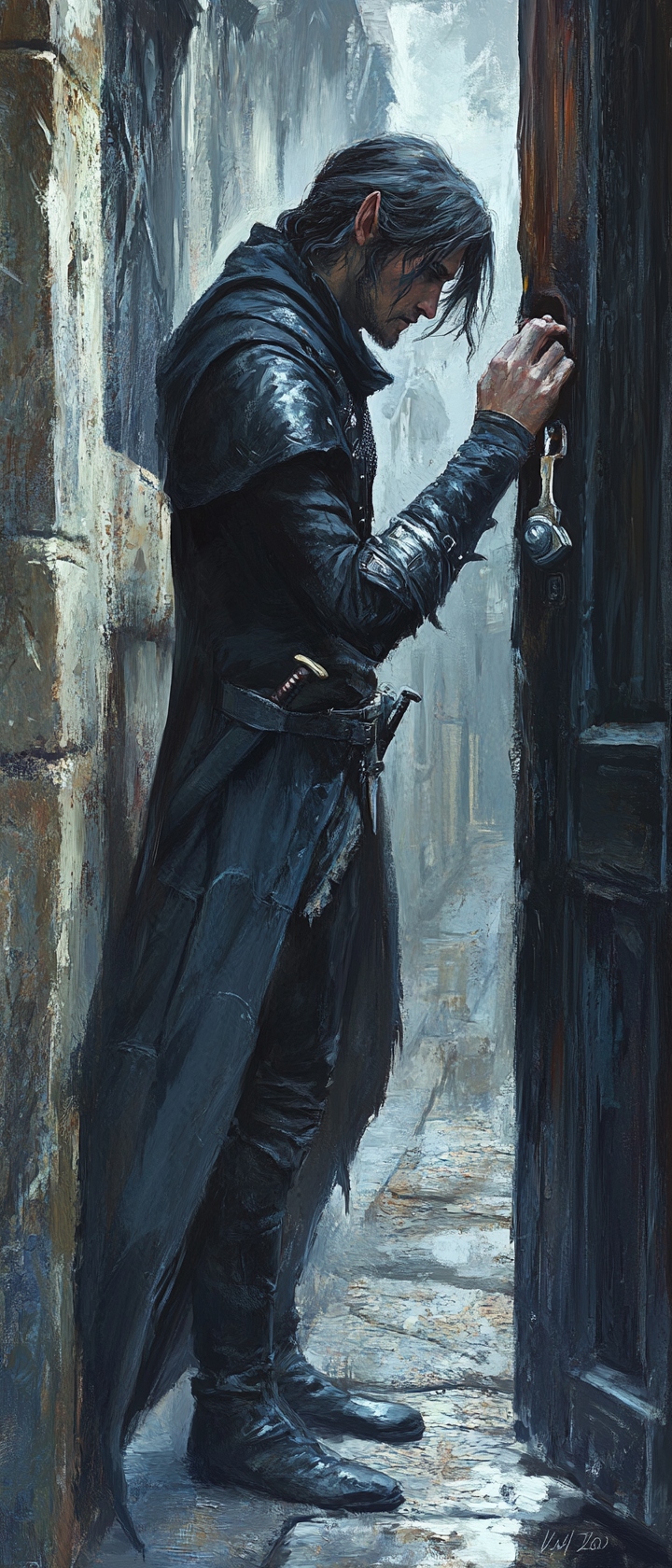 Male elf rogue picking lock in medieval alley.