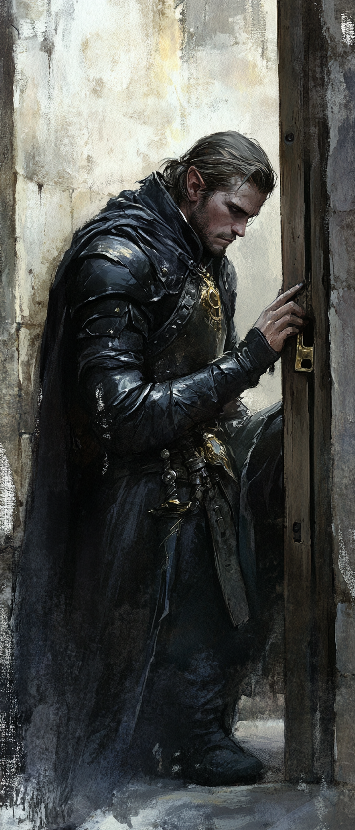 Male elf rogue picks door lock in eerie city.