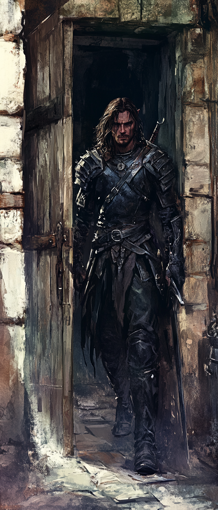 Male elf sneaks through dark alley in armor.