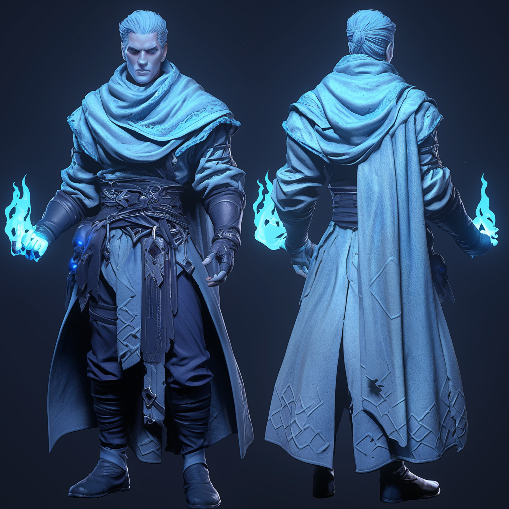 Male frost genasi sorcerer in winter clothing design.