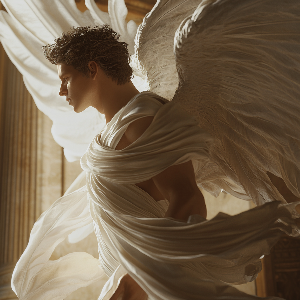 Male guardian angel flying, draped in flowing cloth, realistic.