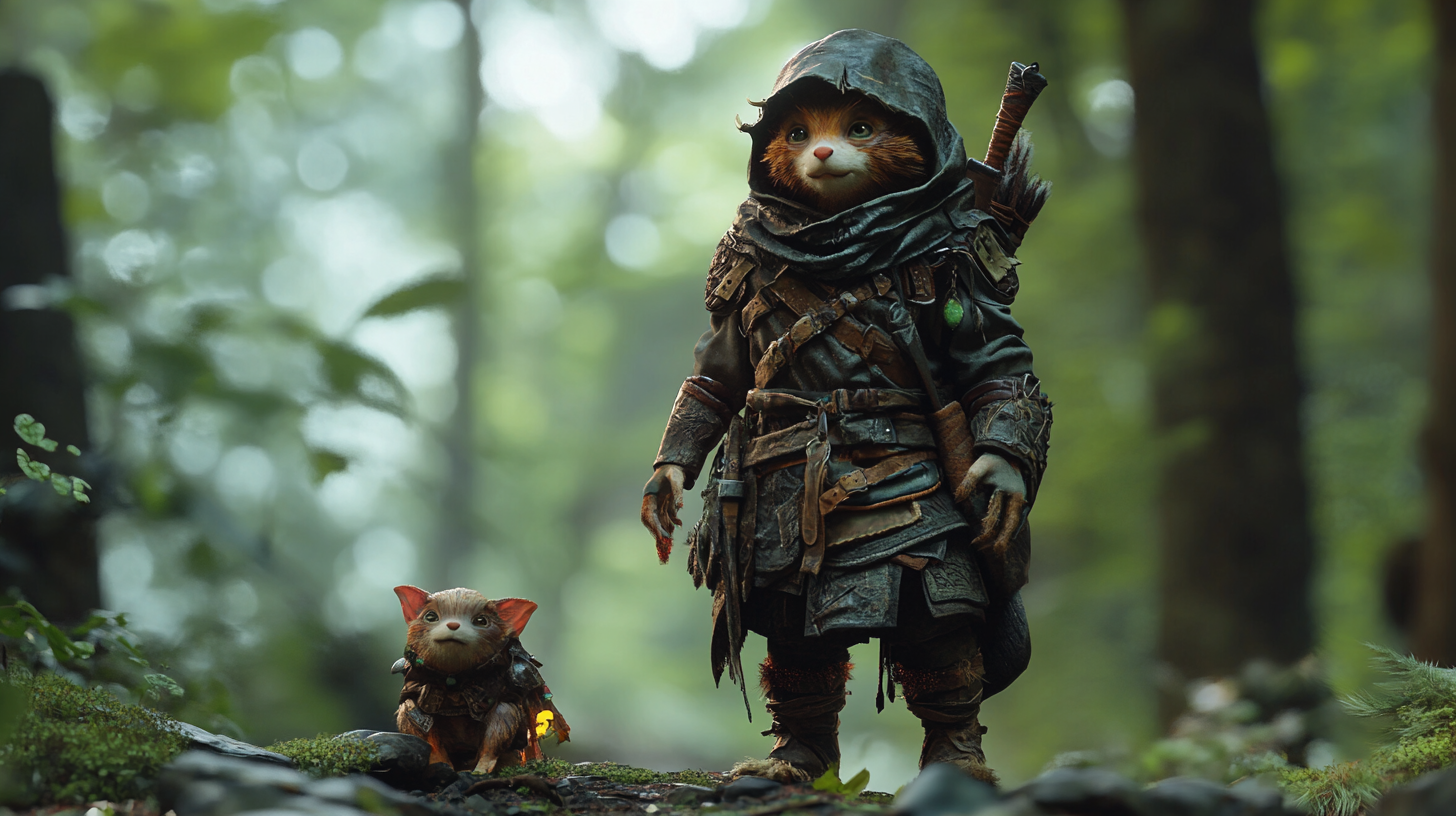 Male halfling Druid in dark fantasy scene with animal.