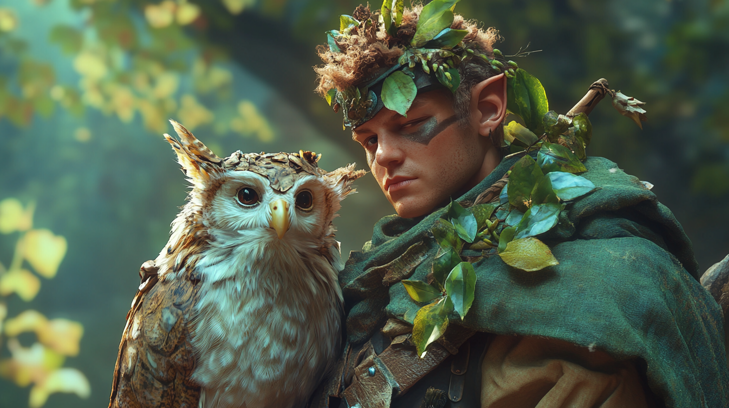 Male halfling Druid with animal companion in epic outdoor action shot.