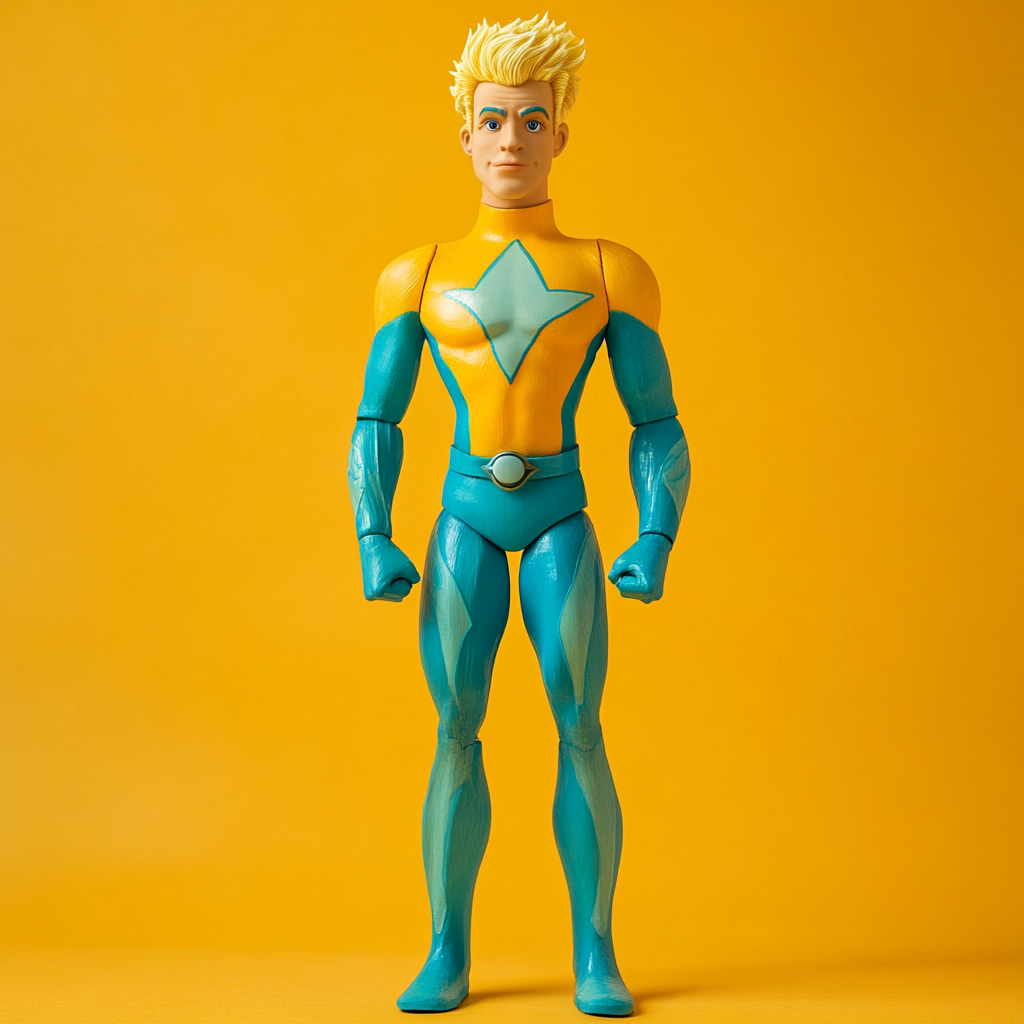 Male hero puppet with yellow and light blue costume.