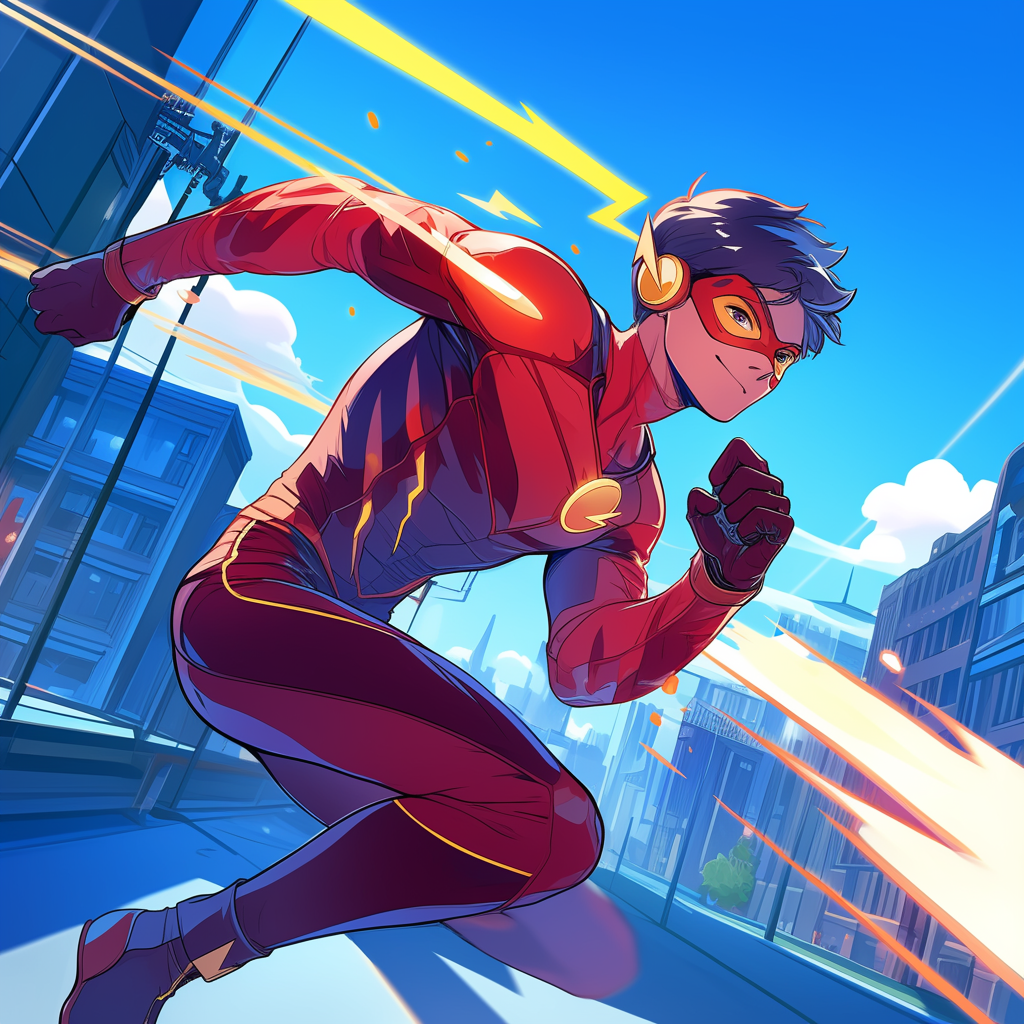 Male hero running in speedster costume, city backdrop art.