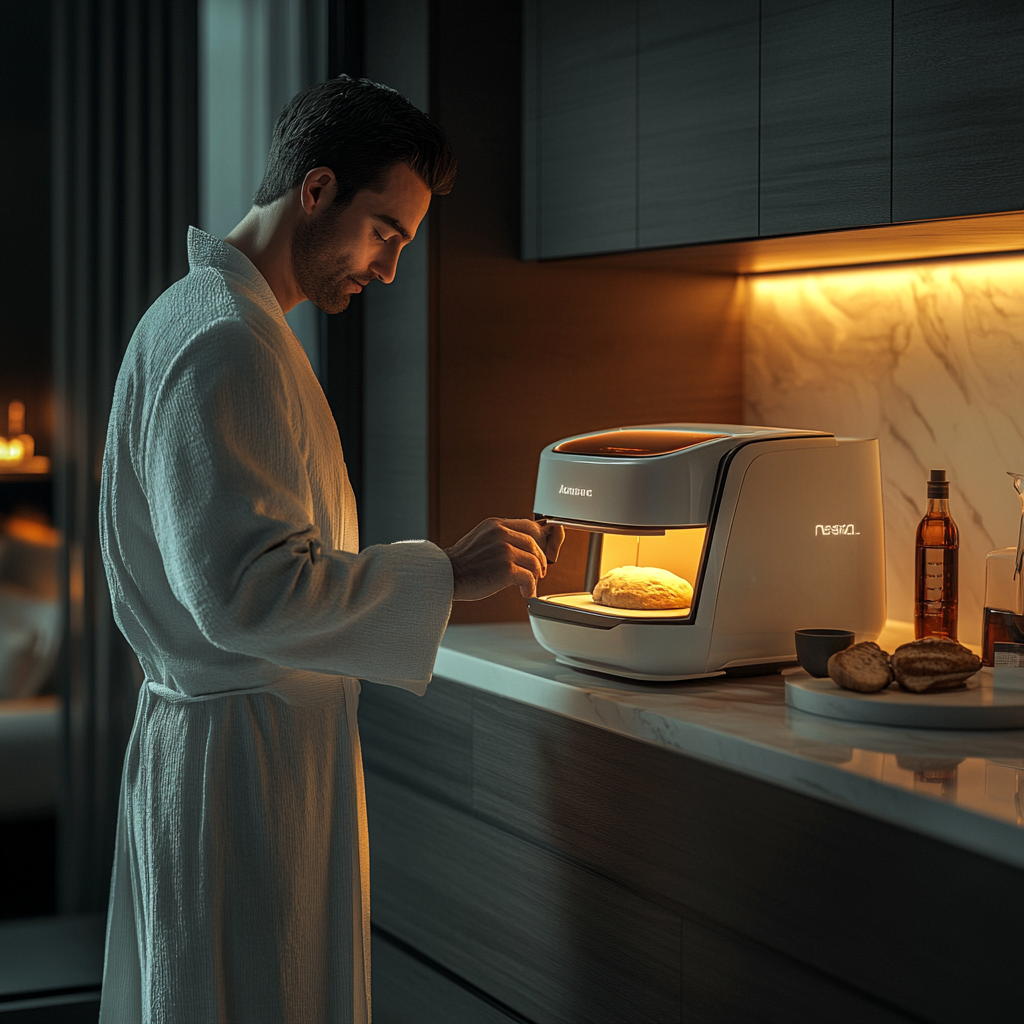 Male in kitchen, using futuristic bread machine.