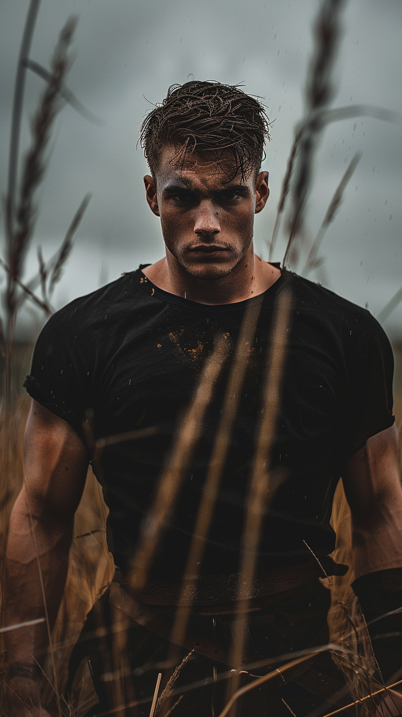 Male model wearing black t-shirt in knights' war field