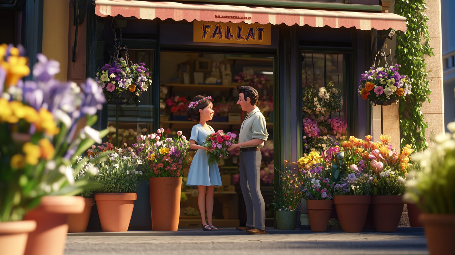 Male passerby greets female florist outside shop in 5pm.