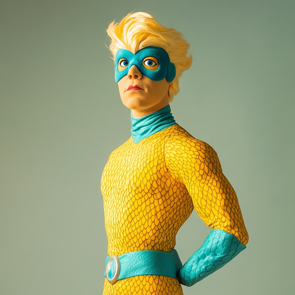 Male puppet hero with blonde and blue aquatic costume