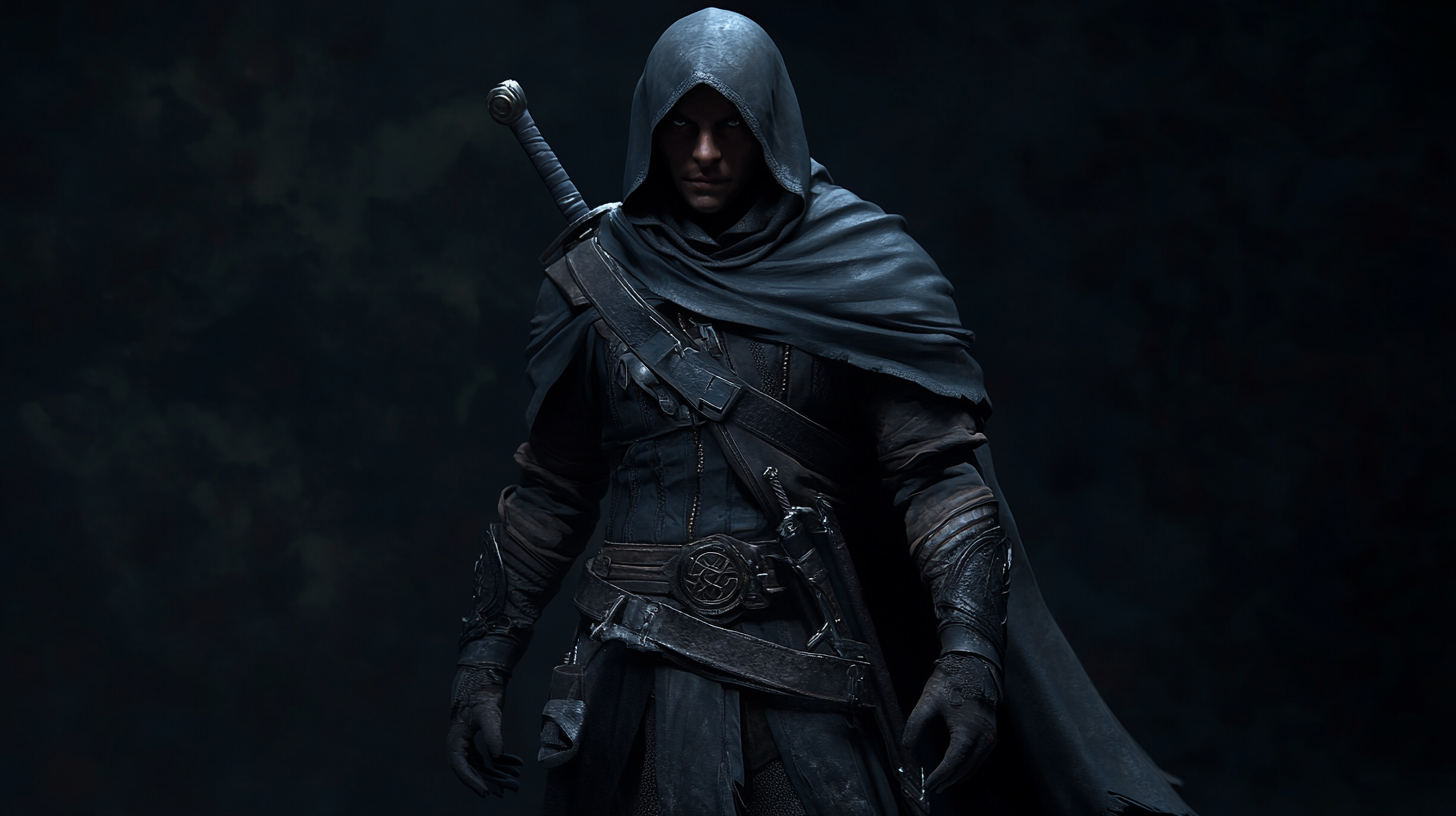 Male rogue thief in dark fantasy setting poses.