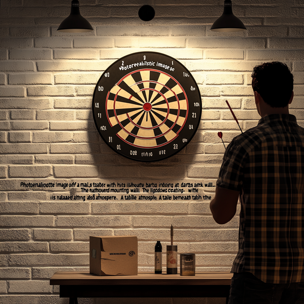 Male silhouette playing darts indoors aiming at board.