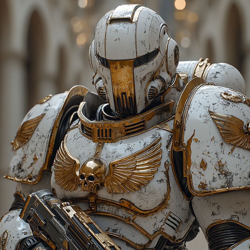 Male space marine in gold and white armor fighting