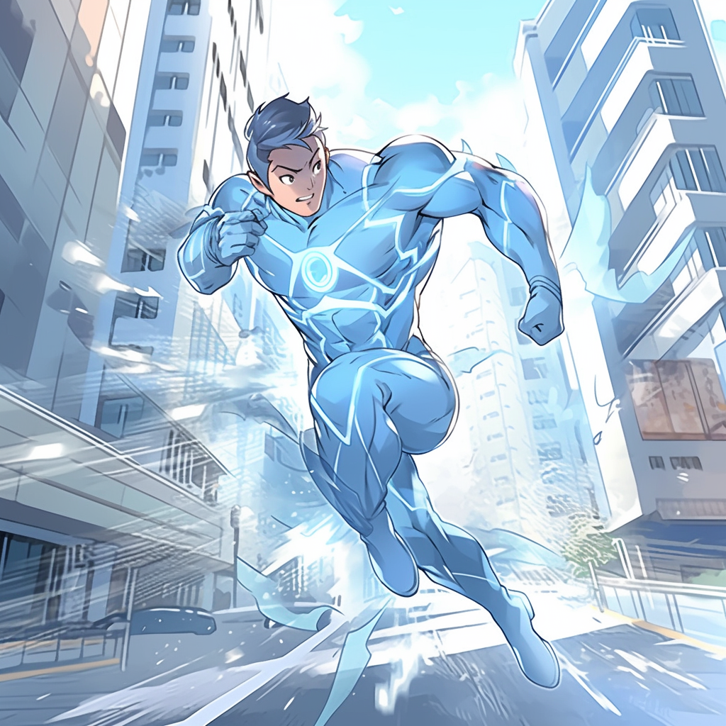 Male superhero Speedster sprinting in light blue costume. City backdrop.