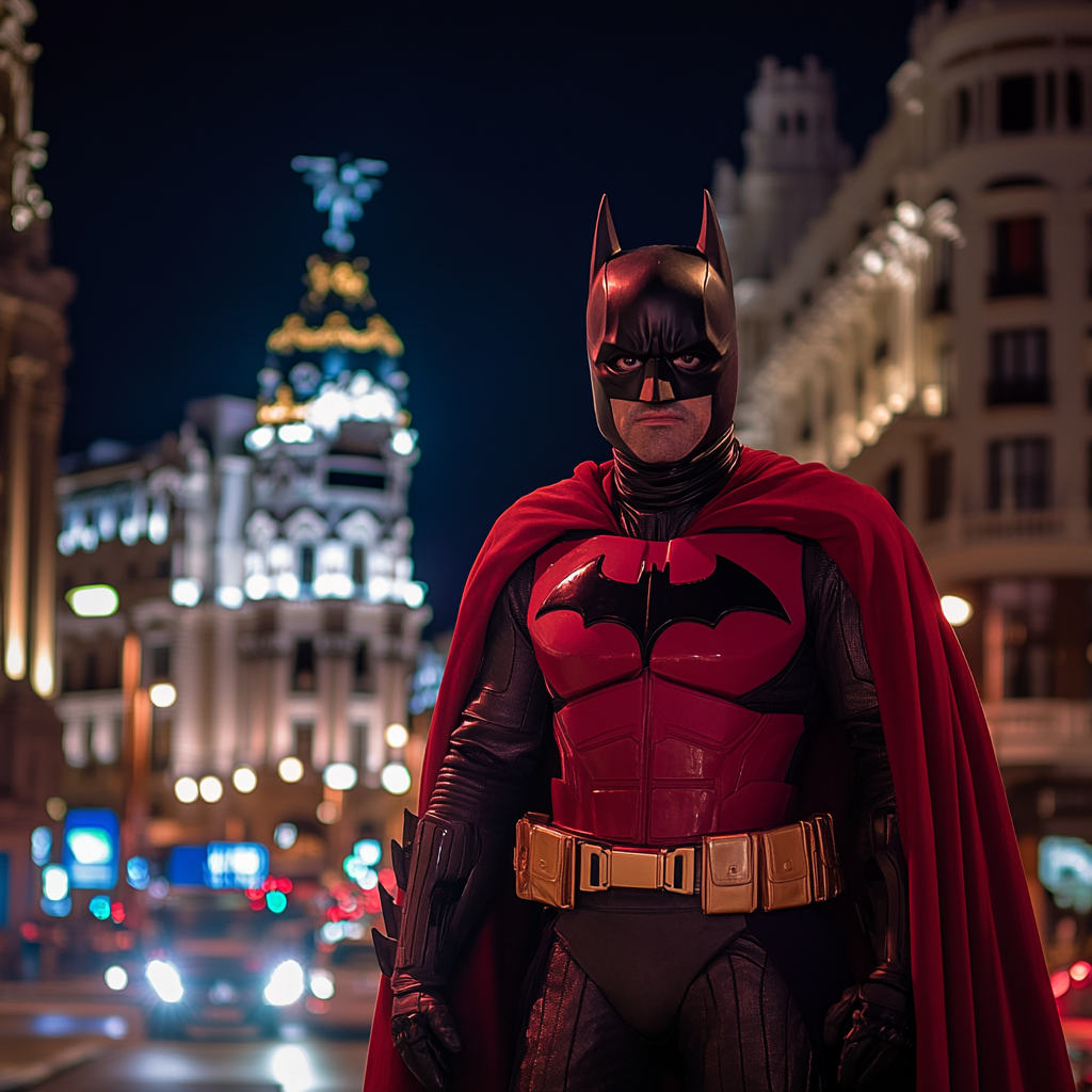 Male superhero in red costume, mix of Darth Vader and Batman, Gran Vía, Madrid, night view