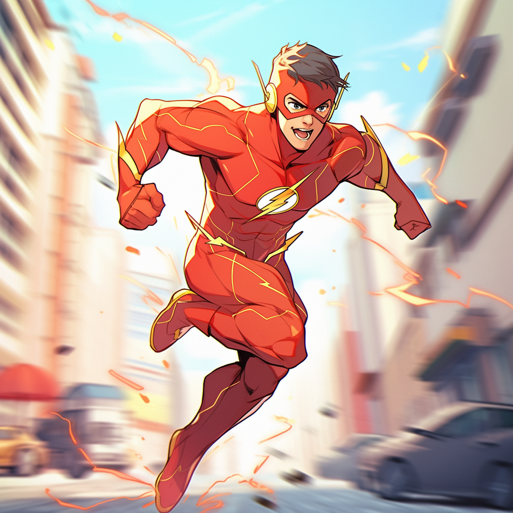 Male superhero speedster running in city wearing speed-based costume.