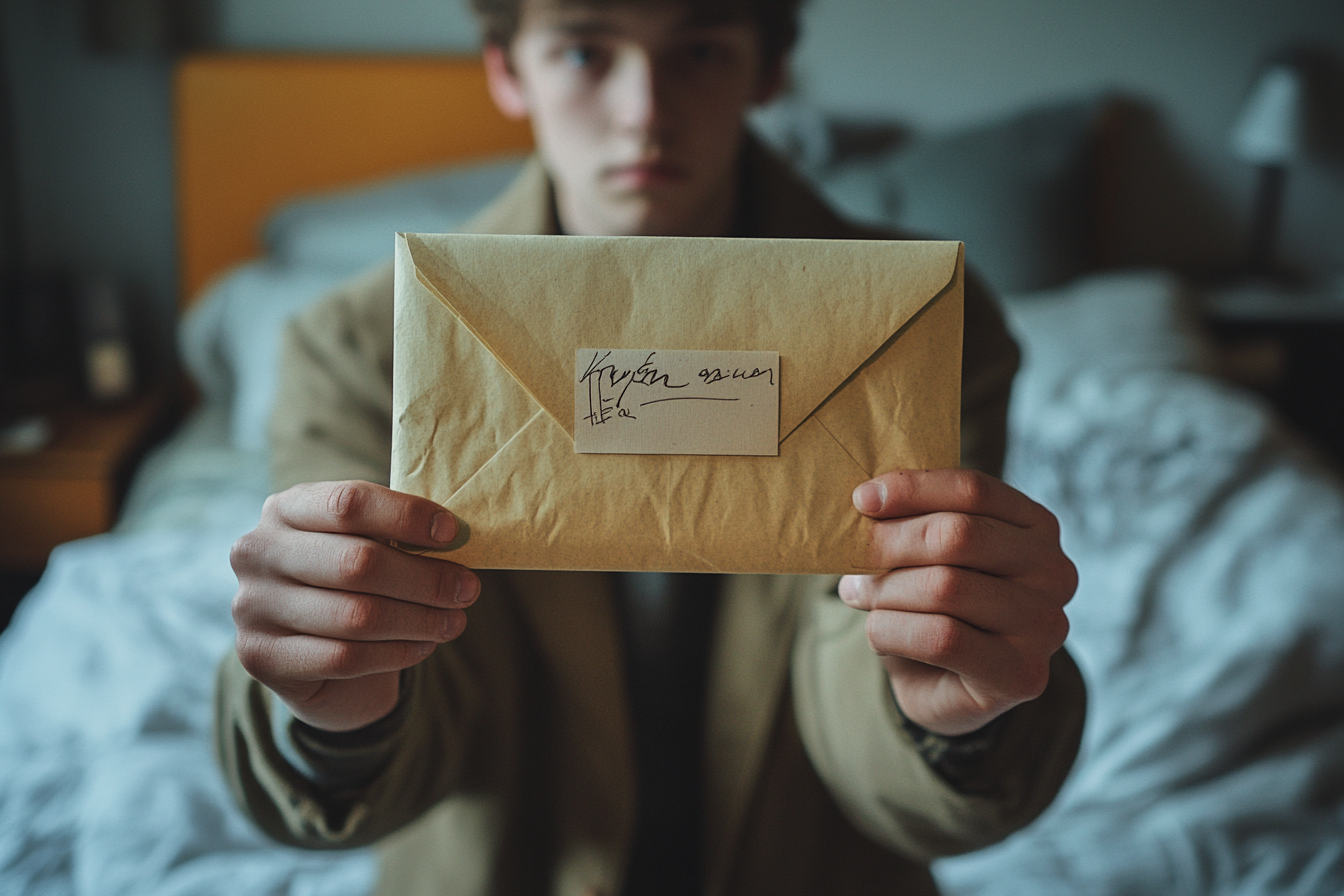 Male teen in blazer holds envelope with return address.