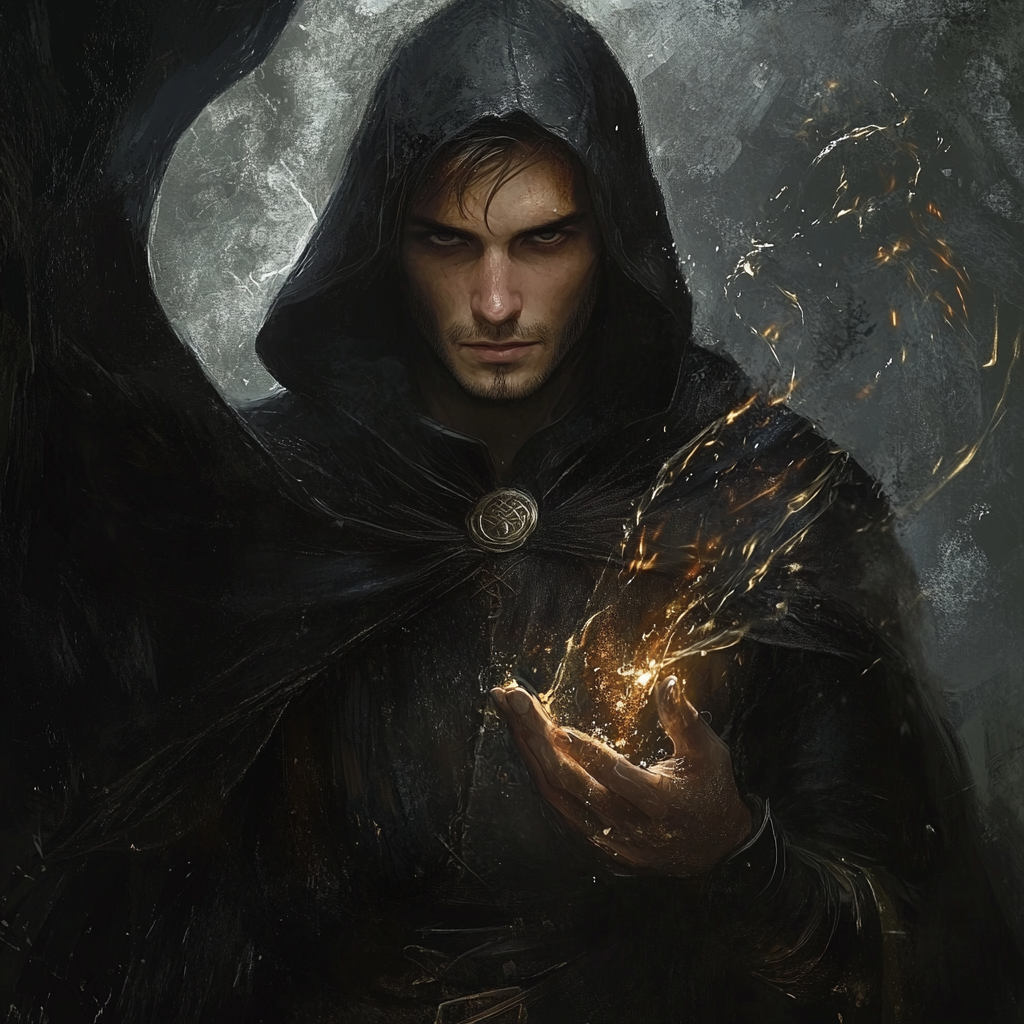 Male wood elf rogue in black cloak casting magic