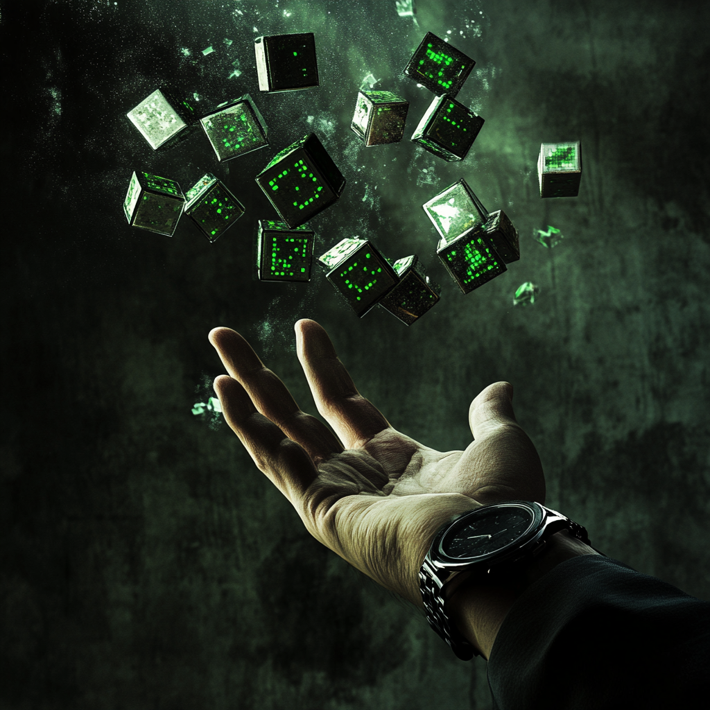 Man's hand dropping green tick cubes with impact effect