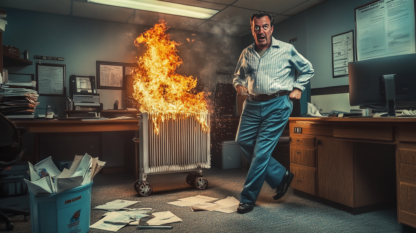 Man's pants catch fire in chaotic office scene.