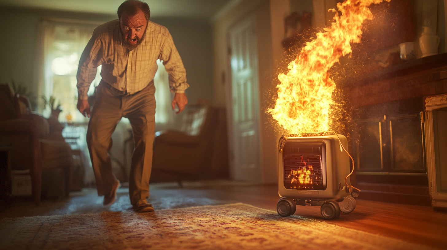 Man's pants catch on fire from flaming heater.