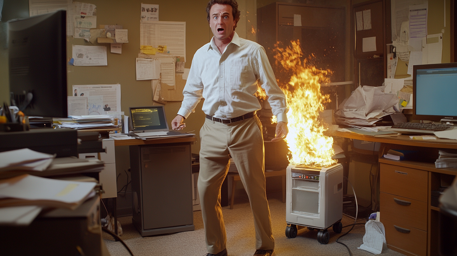 Man's pants on fire in chaotic office scene.