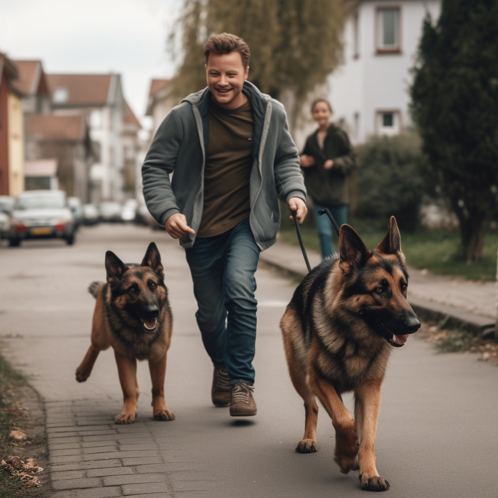 Man, Child, German Shepherd Walking Suburban Sidewalk Cinematic