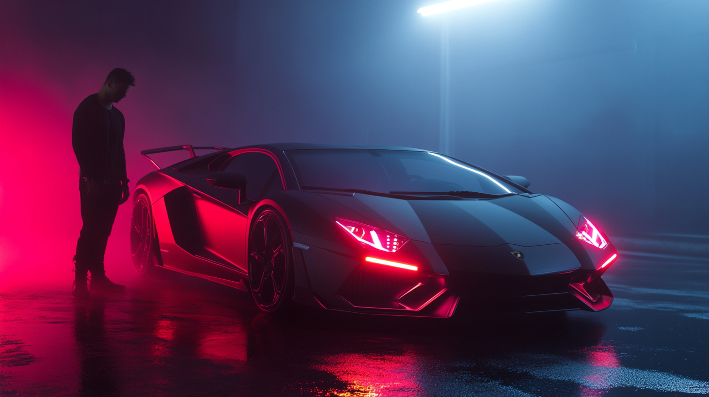 Man Beside Neon-Lit Lamborghini on Foggy Night