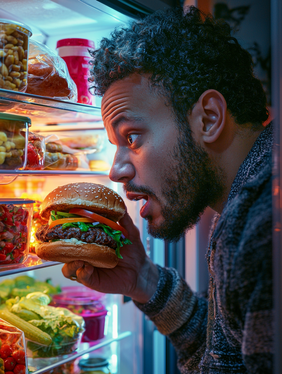 Man Eating Half a Hamburger By Fridge Light