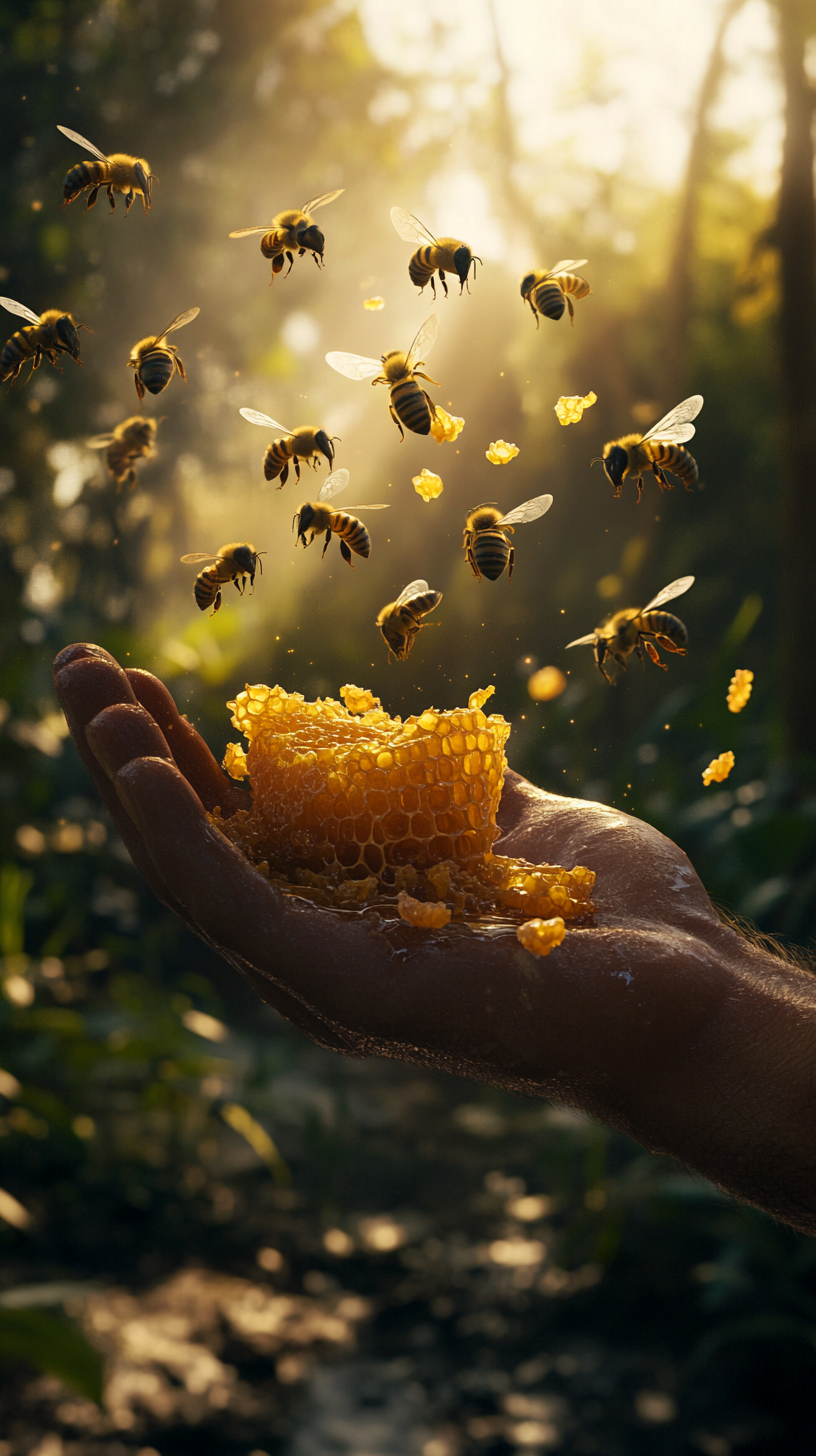 Man Holding Organic Honeycomb With Bees in Jungle