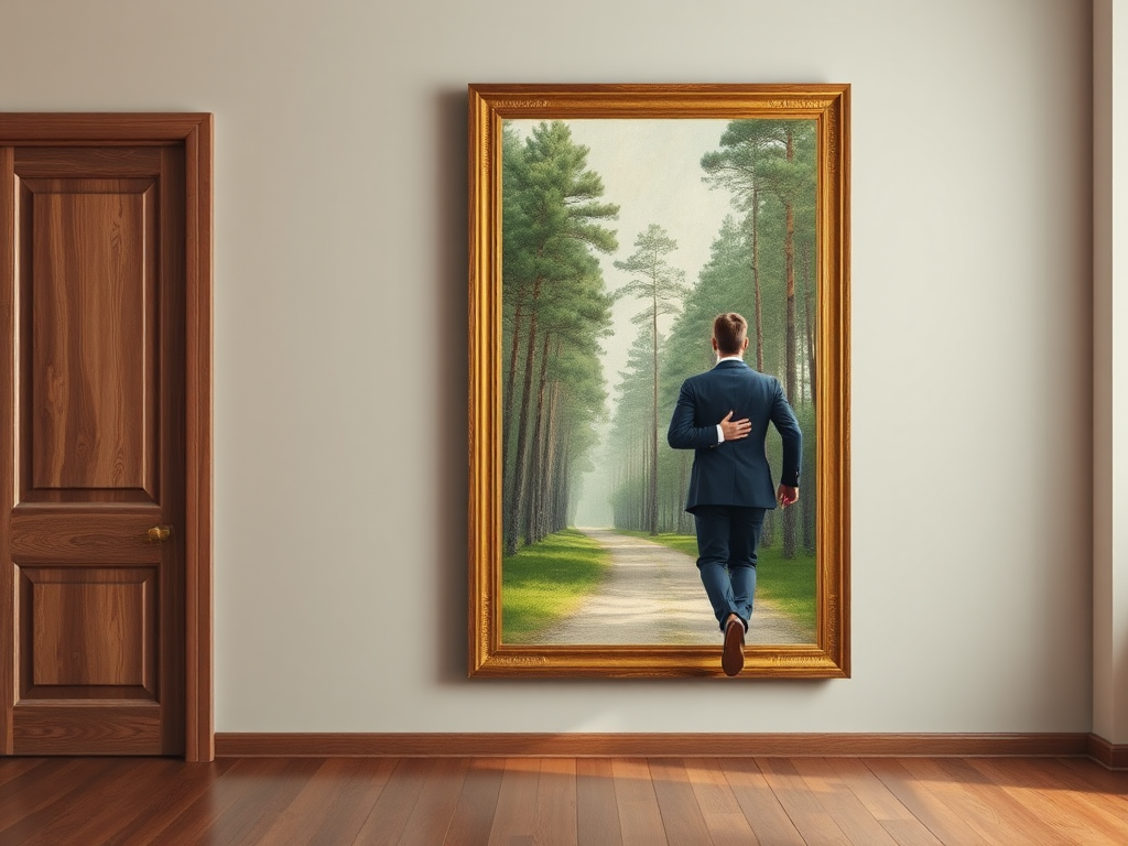 Man In Suit Walks Through Antique Forest Painting