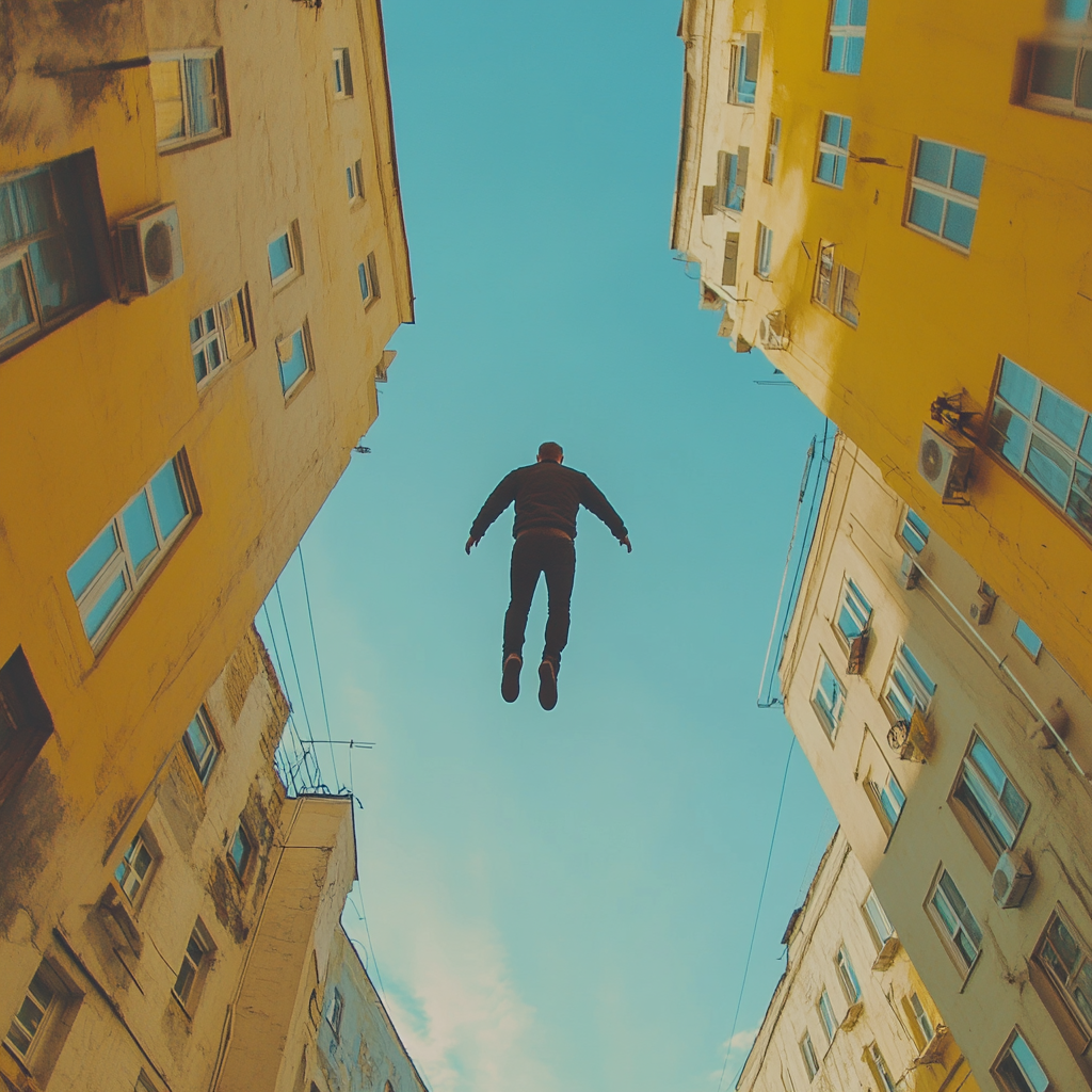 Man Jumping Over City Towards Bright Sky