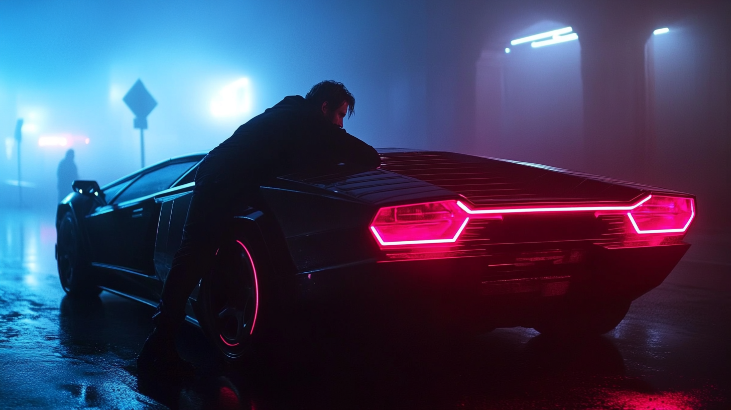 Man Leaning on Black Lamborghini in Neon Night