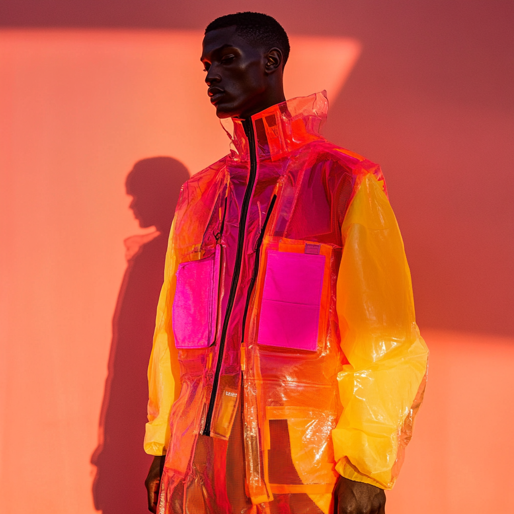 Man Modeling Futuristic, Minimalist, Techno-Inspired Fashion