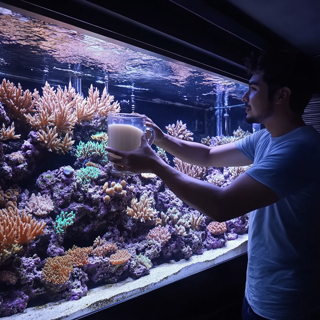 Man Pouring Thick Milk into 4ft Acropora Coral Tank