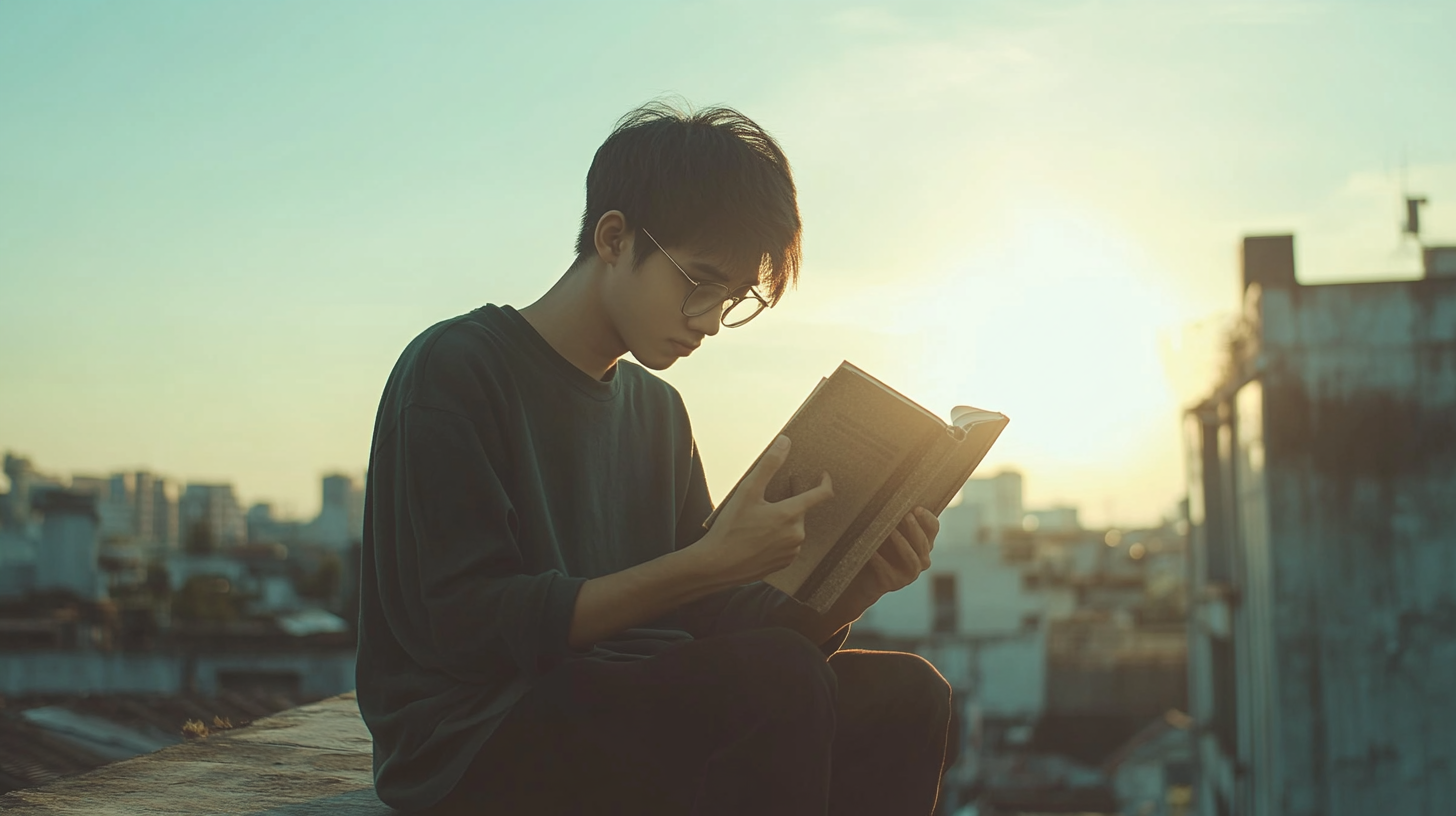 Man Reading Book on Sunny Rooftop with City View