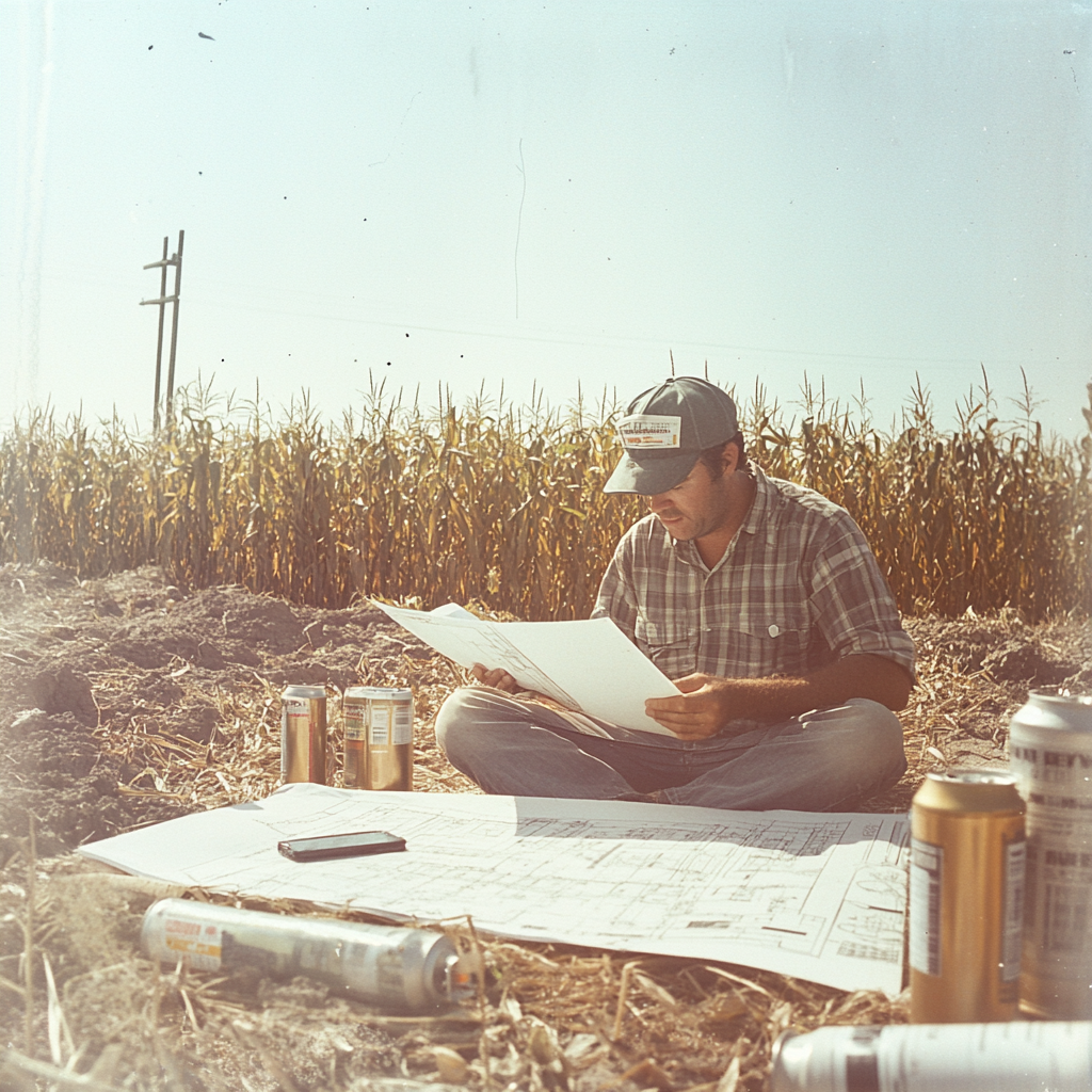 Man Reading Construction Plans Working Outdoors, 1970s 