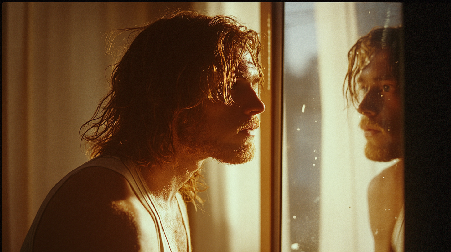 Man Reflecting in Sunlit Mirror, Looking Tired