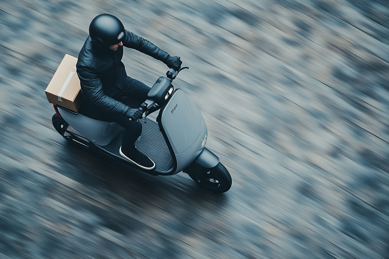 Man Riding Sleek Electric Scooter with Pizza Box