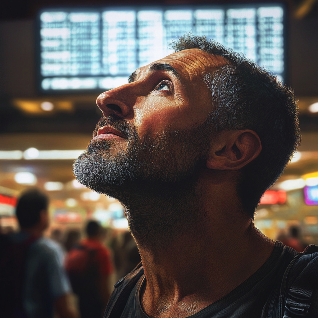 Man Smiling at Flight Board in Airport Display