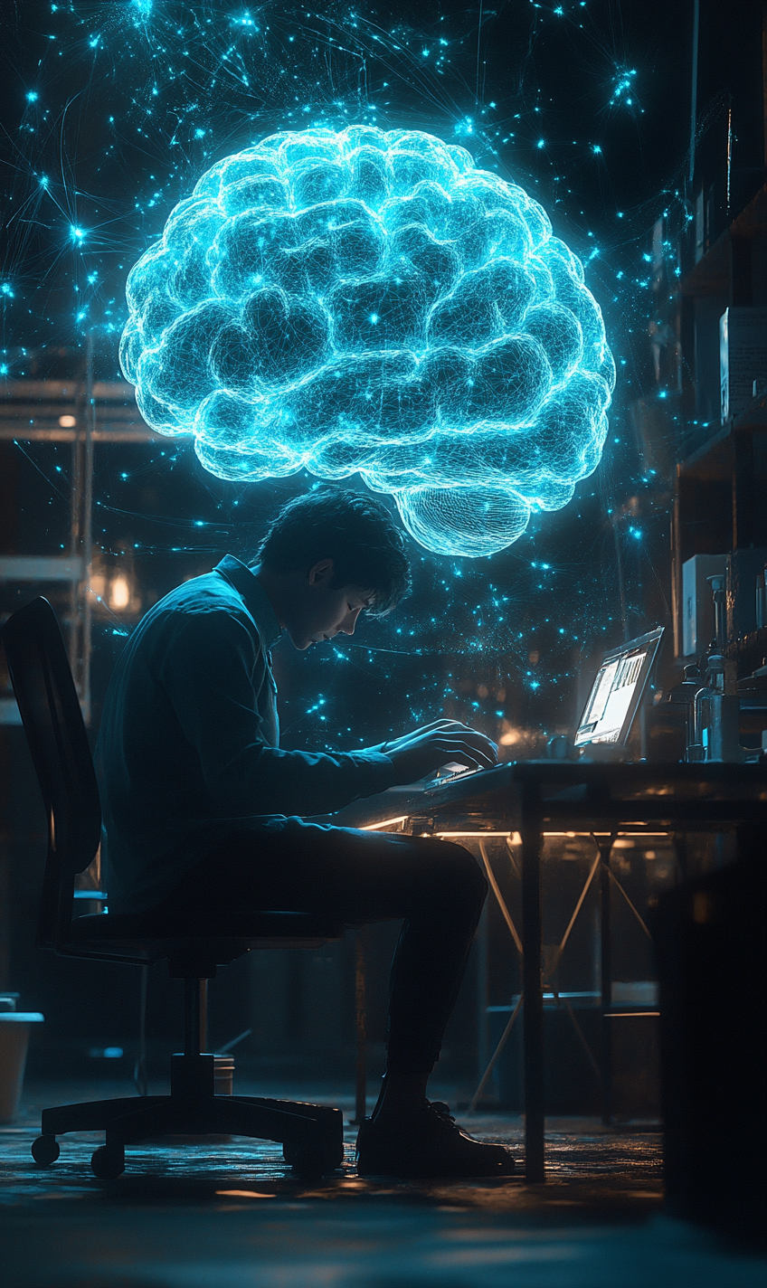 Man Typing at Desk with Oversized Brain Illustration