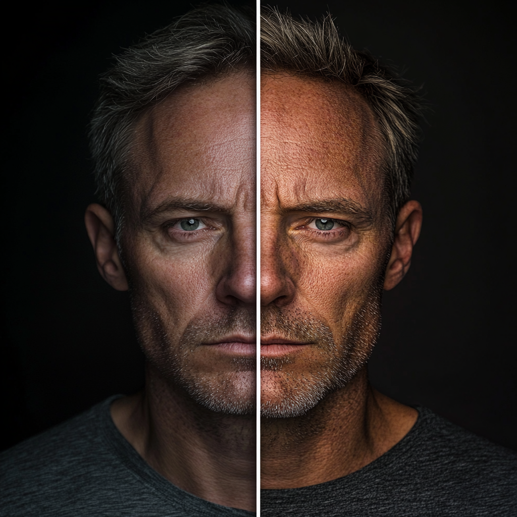 Man aged 50, two versions: tired vs healthy.