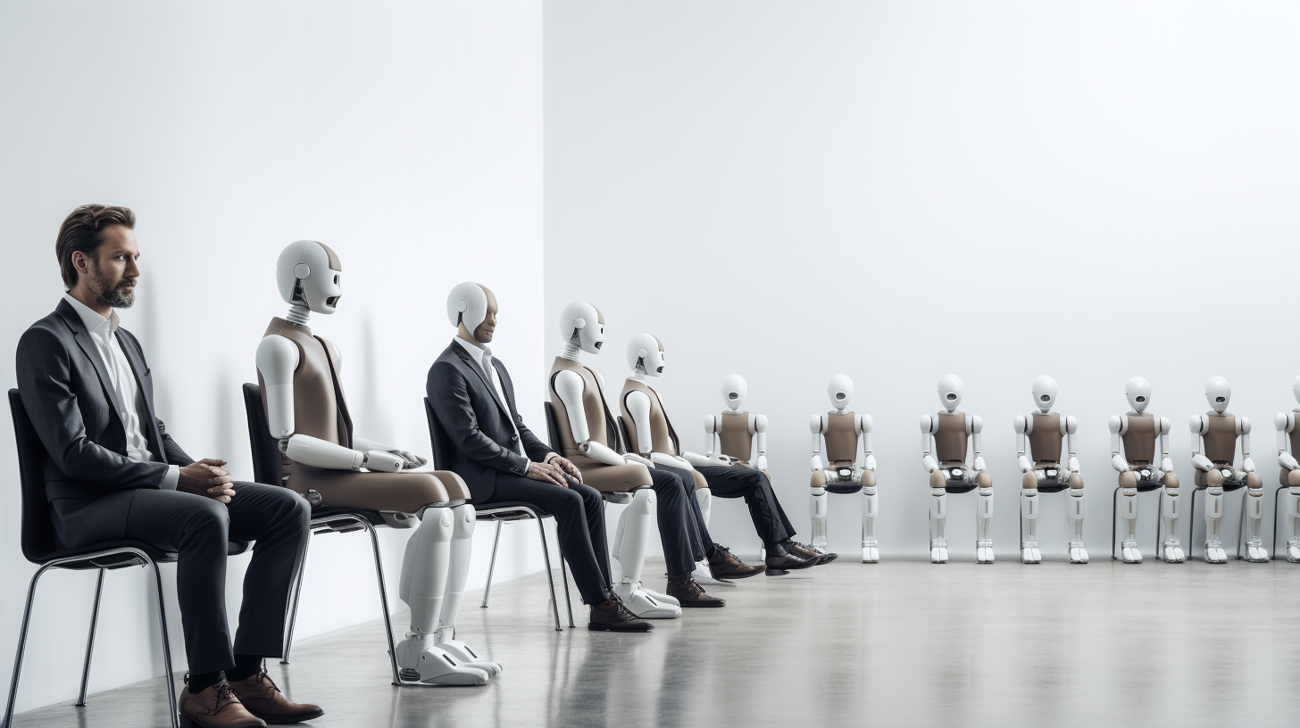 Man and AI robot waiting for job interview