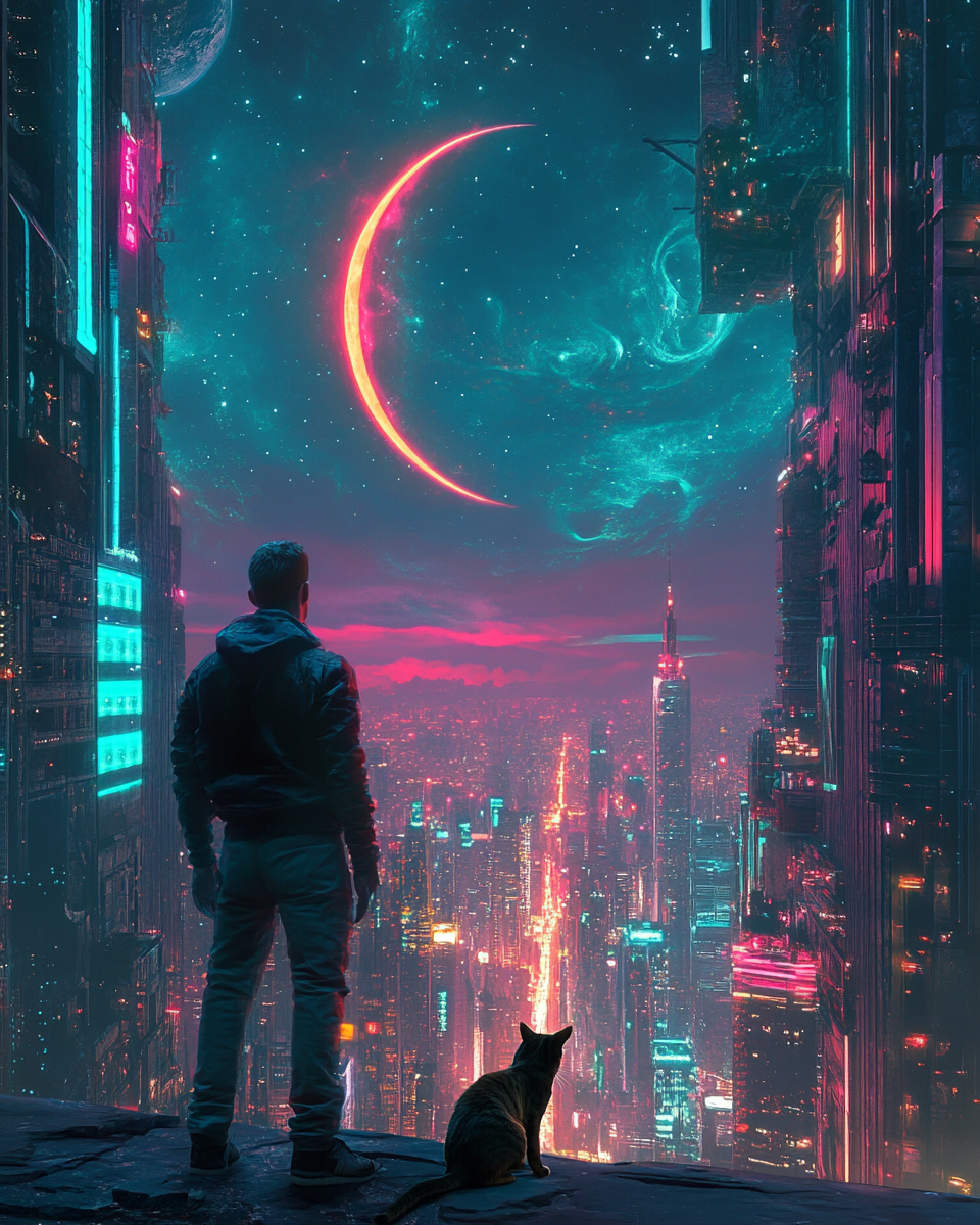 Man and cat in cyber city under cosmic skies.