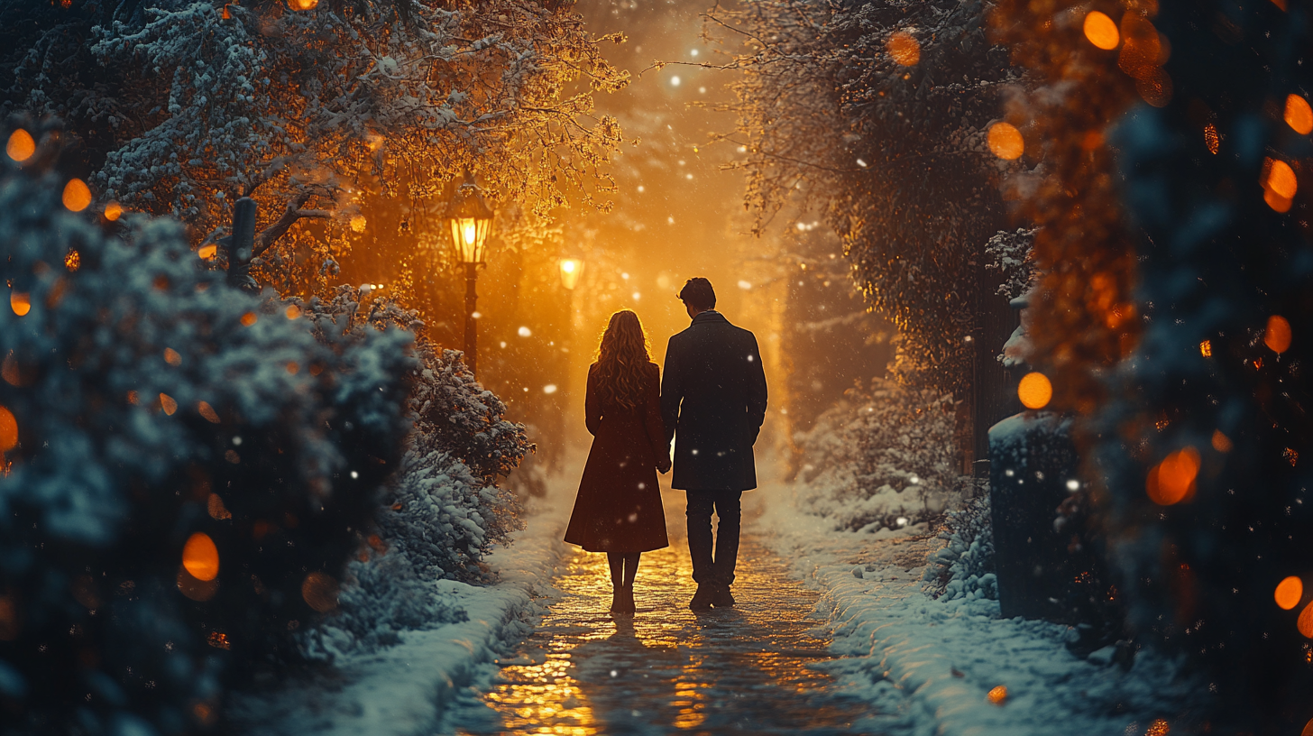 Man and girl in winter fairy tale fantasy