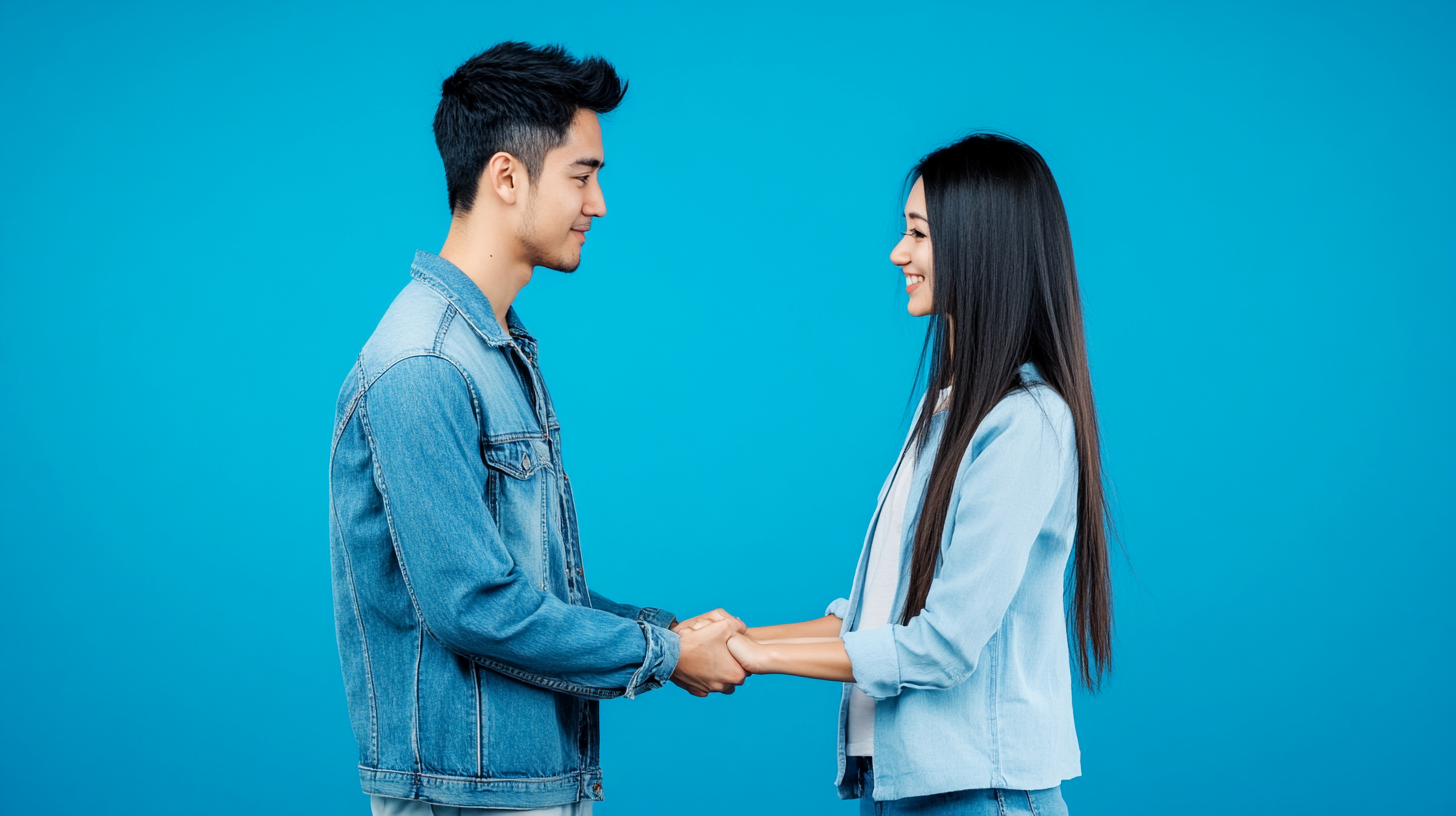 Man and woman dancing, holding hands, blue background, Canon.