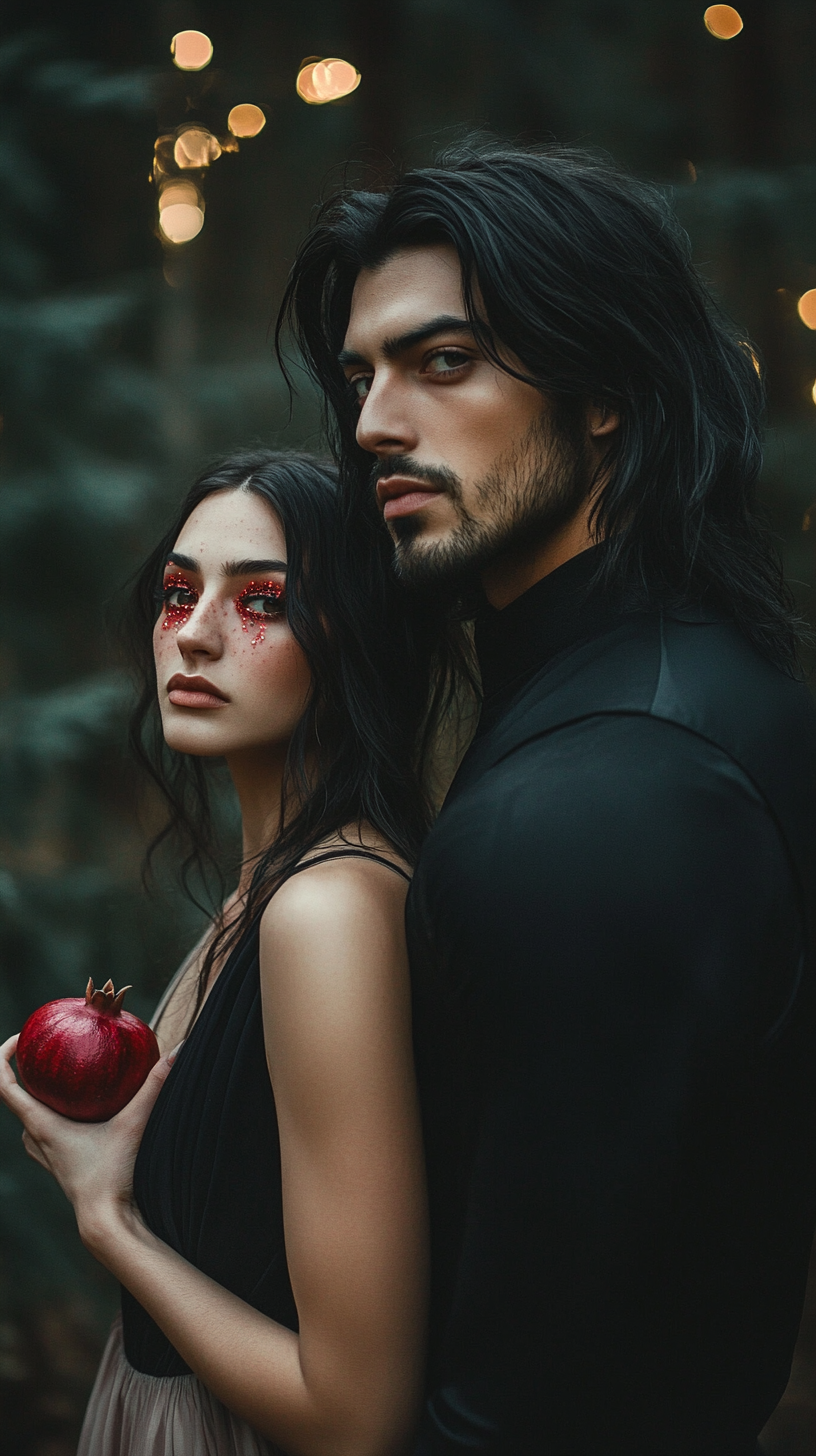 Man and woman in woods with pomegranate, magical night.