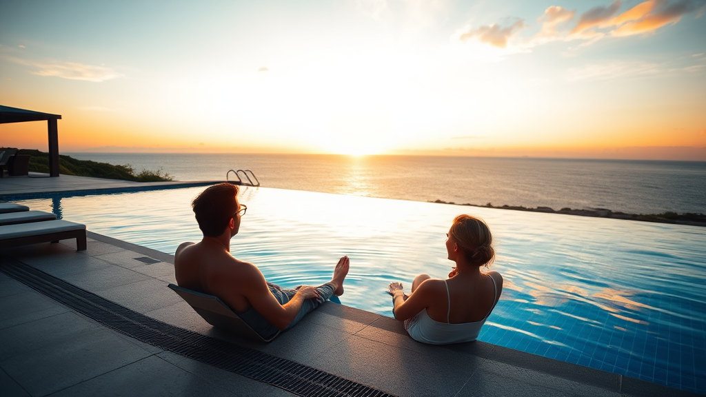 Man and woman relaxing near pool sunset