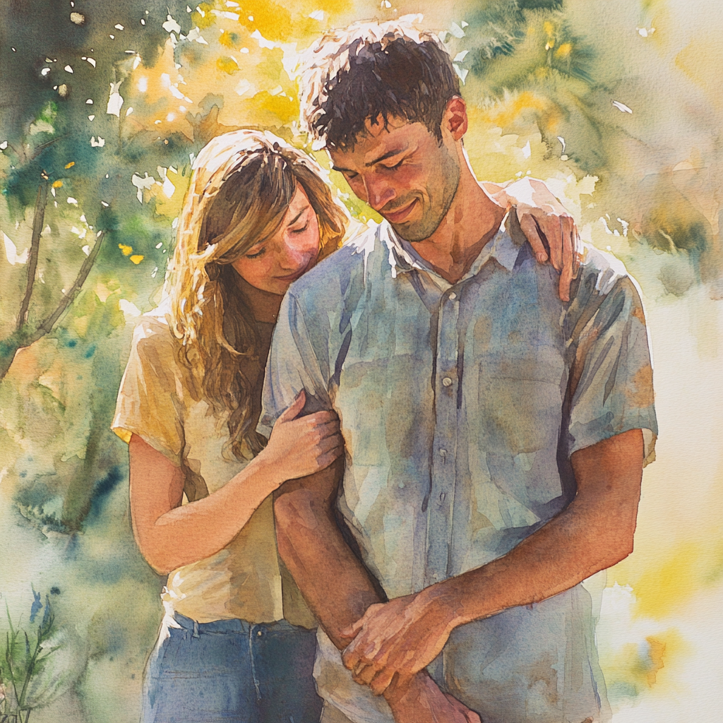 Man and woman share heartfelt moment in painting.