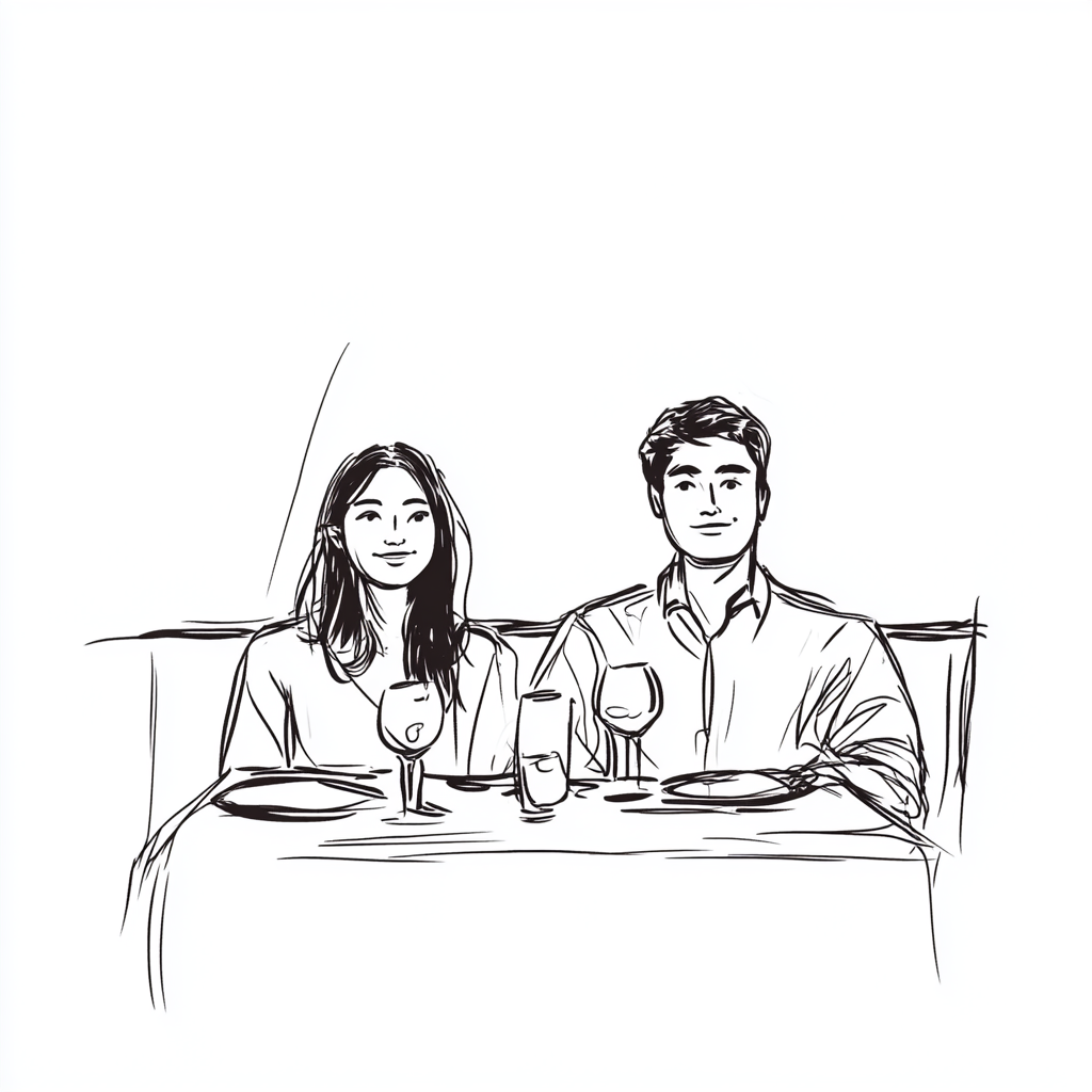 Man and woman sitting at restaurant booth smiling slightly.